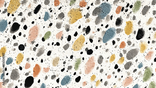 Terrazzo-inspired seamless pattern featuring earthy tones, ideal for backgrounds, textures, and modern design projects. a close up of a counter top with blue, brown, and black speckles on a white back