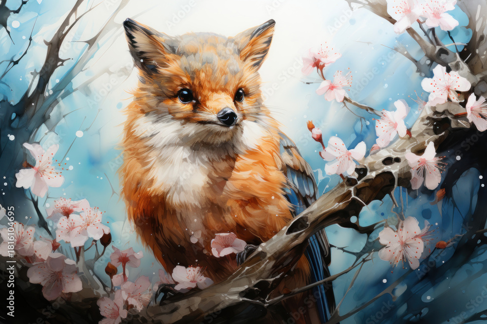 Fototapeta premium A watercolor fantasy illustration of a cute ginger animal, a combination of fox and bird, perched on a branch amid delicate cherry blossom petals.