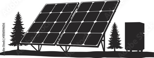 Silhouette of Solar Panels with Trees and Equipment on White Background solar energy