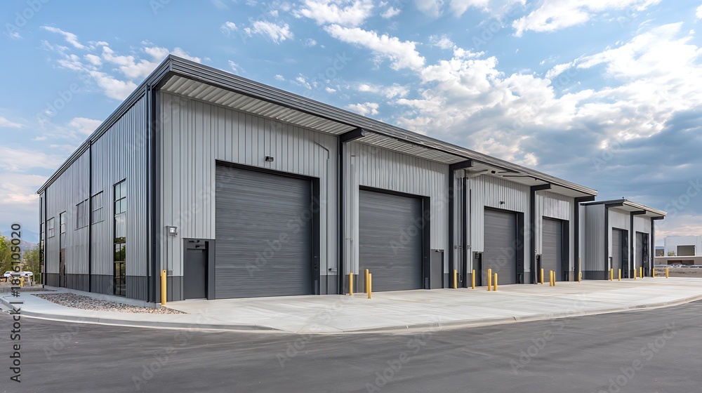 Fototapeta premium Modern Commercial Storage Units Gray Metal Buildings with Roll Up Doors