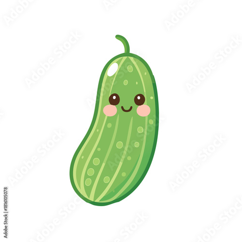Adorable cartoon cucumber illustration with sweet smile and rosy cheeks, perfect for healthy eating campaigns or children's educational materials