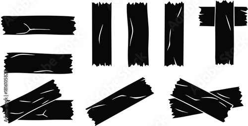 Black wooden planks and strips in various shapes for design and decoration purposes 