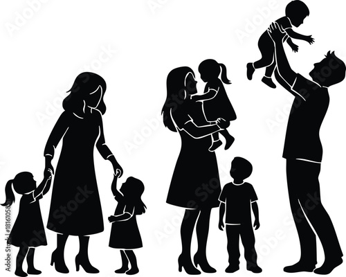 Family celebration scene with parents and children enjoying quality time together during special occasions like Mothers Day or family gatherings 