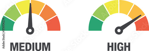 Two Gauges Showing Medium and High Levels on White Background Keywords: gauge, meter, dial