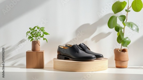 Elegant Black Dress Shoes Displayed with Stylish Green Plants