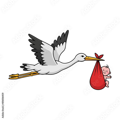 Stork Delivering Baby in Red Sack Cartoon Illustration.