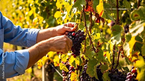 Close Up of a Caucasian Male Harvesting Ripe Red Grapes in a Vineyard under a Bright Sky Sunny Day with Green Leaves and Sunlight Gleaming Through the Canopy at Grape Farm for Stock Footage