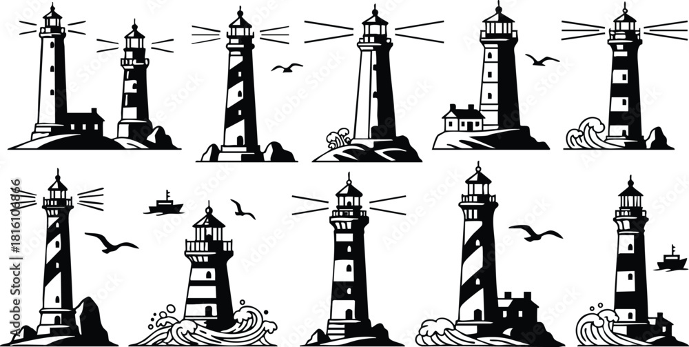 Fototapeta premium Various lighthouse illustrations showcasing unique designs and styles for maritime themes and nautical art