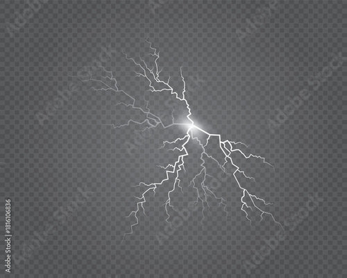 Realistic Set of White Lightning Bolts on Transparent Background Vector