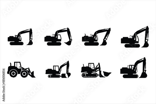 Set of eight black silhouette icons of construction excavator machine