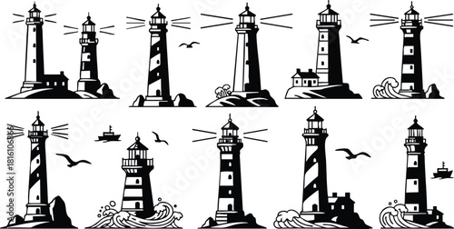 Various lighthouse illustrations showcasing unique designs and styles for maritime themes and nautical art 