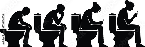 Bathroom habits illustrated through four stages of smartphone use while seated on a toilet 