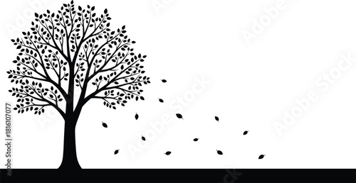 Black silhouette of a tree with falling leaves in the wind, autumn nature vector illustration isolated on white background, landscape design element for decoration
