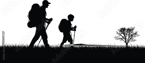 Father and son hiking silhouette, man and boy with backpacks walking in nature, adventure travel vector illustration, black figures isolated on white background.