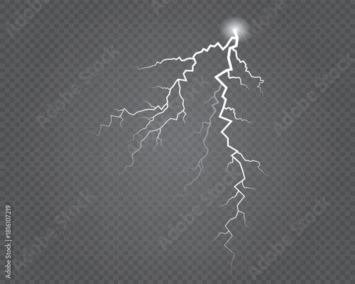 Realistic Set of White Lightning Bolts on Transparent Background Vector