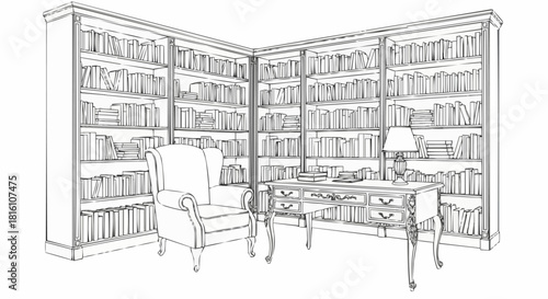 Elegant Library Interior - Bookshelves, Armchair, and Desk in Detailed Line Art.
