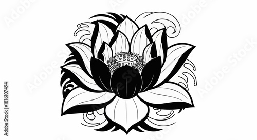 Intricate black and white lotus flower graphic art illustration.