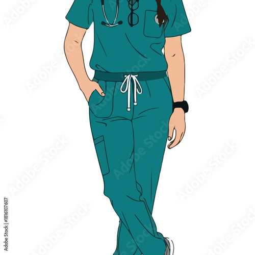 Female Nurse Wearing Teal Scrubs and Stethoscope.