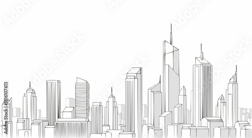 Detailed Sketch of a Modern City Skyline with Tall Buildings.