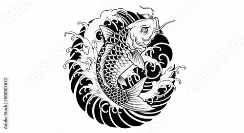 Monochrome Japanese Koi fish swimming in stylized ocean waves.