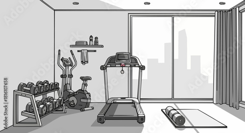 Home Gym Equipment - Treadmill, Elliptical, Weights, and Exercise Mat.