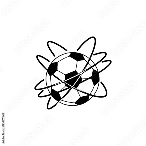 Soccer ball with orbiting lines representing motion and energy.