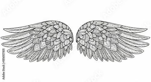 Hand drawn vintage angel wings in a detailed sketch style.