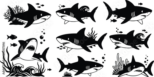 Various shark illustrations showcasing dynamic poses and aquatic settings for marine-themed designs and projects 