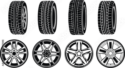 Various car tires and rims showcasing different styles and designs for automotive enthusiasts and professionals 