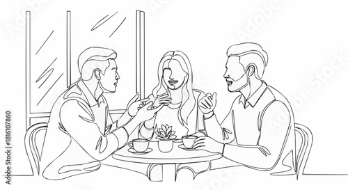 Three friends enjoying coffee and conversation at a cafe table.