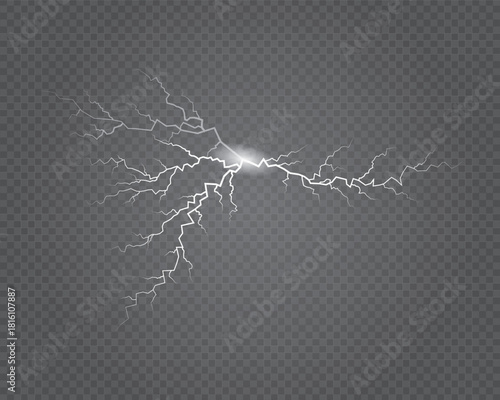 Realistic Set of White Lightning Bolts on Transparent Background Vector