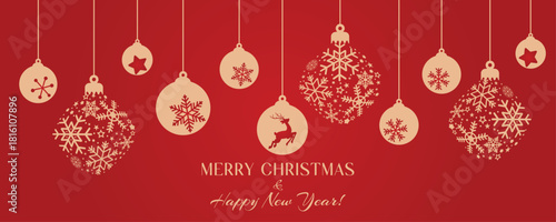 Greeting festive garland with elegant Christmas ornaments. Decorative new year ornament and holiday baubles set.