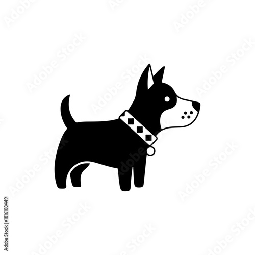 Stylized black and white illustration of a dog wearing a collar.