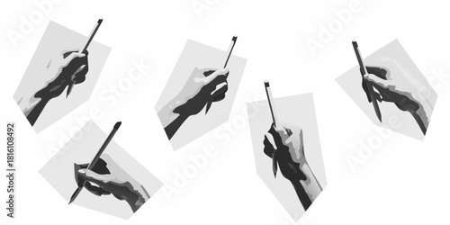 Hands holding pencils in various poses vector illustration in grayscale