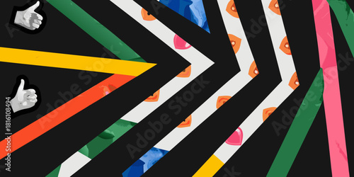 Abstract background with geometric shapes patterns and hand gestures on black