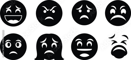 Various emoticons showcasing different emotions like happiness, sadness, and anger in a clean vector style 