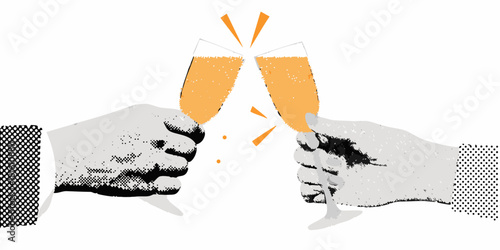 Champagne toast illustration with hands in suits celebrating success