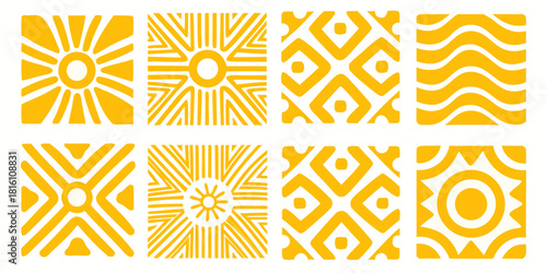 Set of eight yellow geometric square african inspired patterns