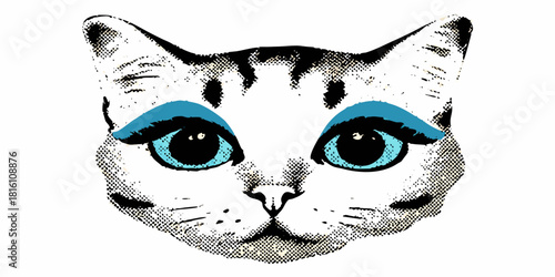 Pop art style cat face with blue eyeshadow illustration