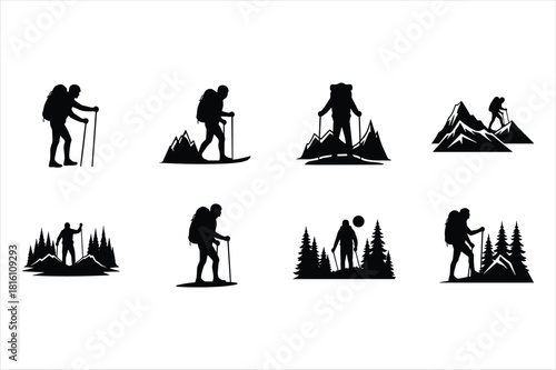 Collection of hiker and backpacker silhouette icons for outdoor adventure