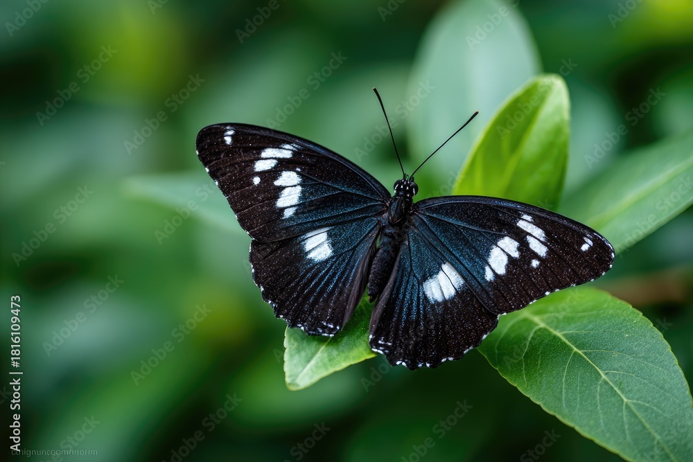 Obraz premium A striking black and white butterfly with detailed markings, resting on a vibrant green leaf