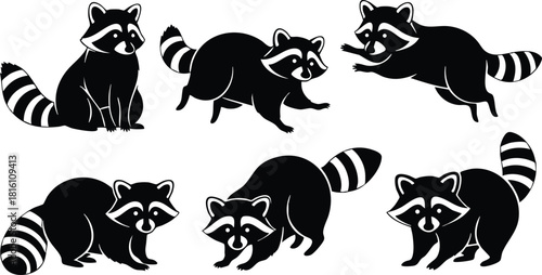Raccoons in playful poses showcasing various activities and movements in a delightful vector illustration