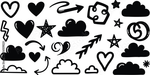 Heart and cloud vector illustration with playful symbols and shapes for creative design projects 