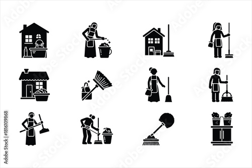 Collection of black silhouette icons representing house cleaning and domestic work