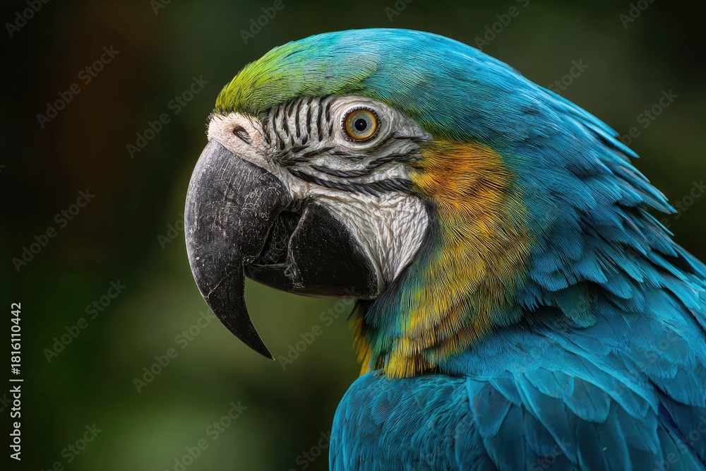 Fototapeta premium Close-up profile of a vibrant, colorful macaw bird with bright blue, yellow, and green feathers