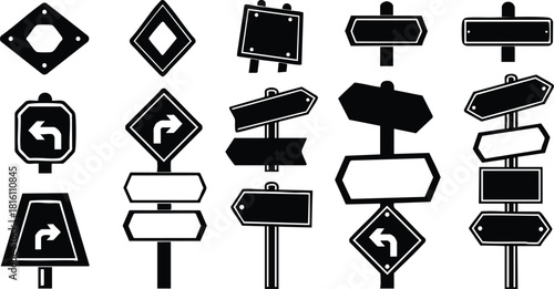 Various road signs in black and white vector illustration for navigation and direction 