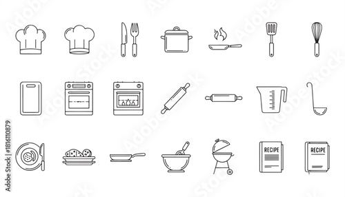 Cooking & Kitchen Icon Set – Chef Tools, Ingredients & Recipe Prep Vector Illustration