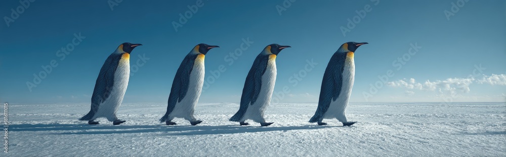 Fototapeta premium Four penguins walk in a line across a snowy landscape, under a clear, bright blue sky