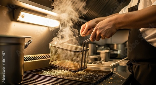 Close-up of a professional chef's hands lifting a steaming metal basket from a deep fryer with bubbling oil in a commercial restaurant kitchen under a warm heat lamp