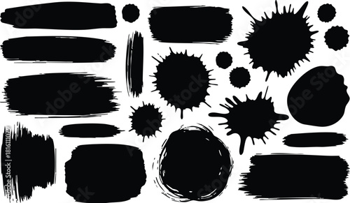 Black ink splashes and brush strokes for creative design projects, perfect for artistic backgrounds and graphics 